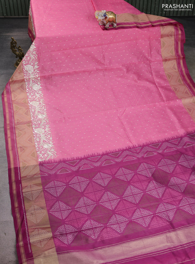 Semi dupion saree light pink and purple with allover thread & zari woven buttas and parsi embroidery work zari woven border