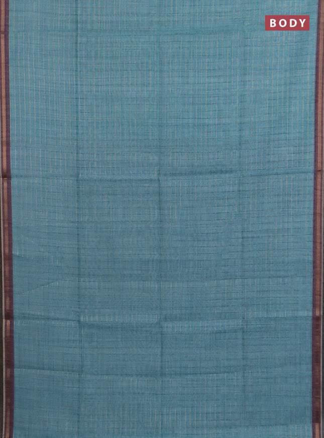 Semi chanderi saree teal blue and beige with allover zari woven checked pattern and kalamkari printed pallu