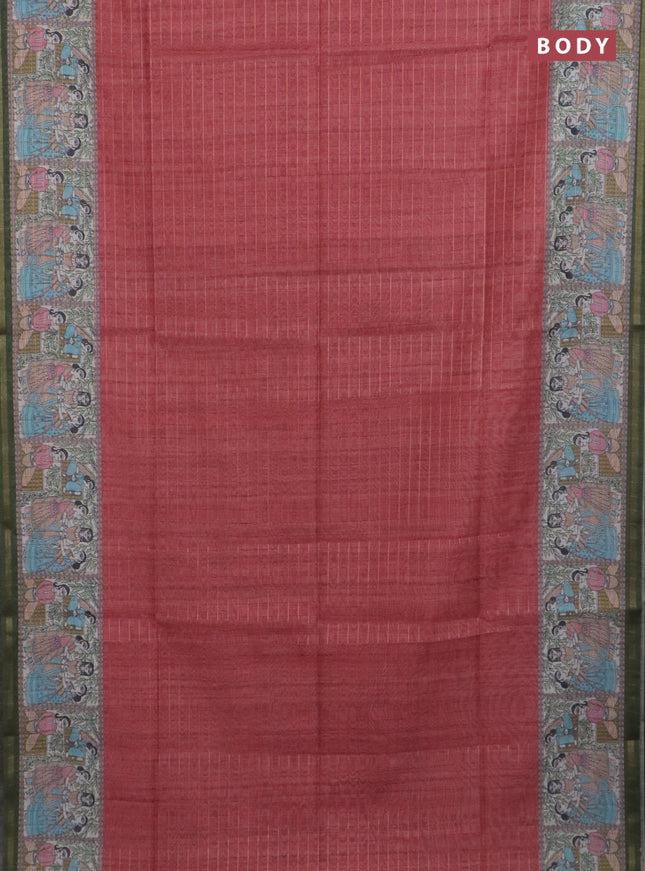 Semi chanderi saree pastel maroon and bottle green with allover zari woven checked pattern and madhubani printed pallu