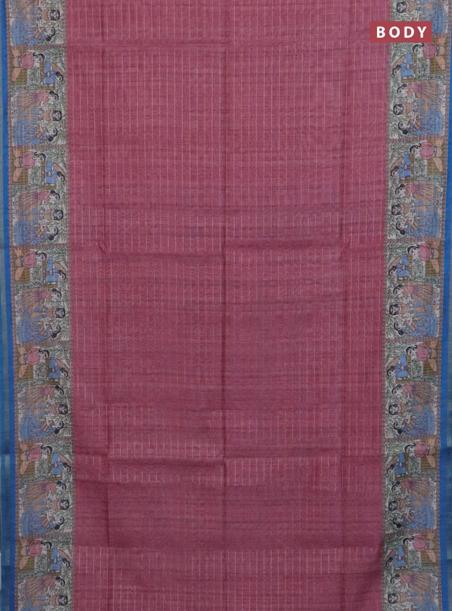 Semi chanderi saree mauve pink and cs blue with allover zari woven checked pattern and madhubani printed pallu
