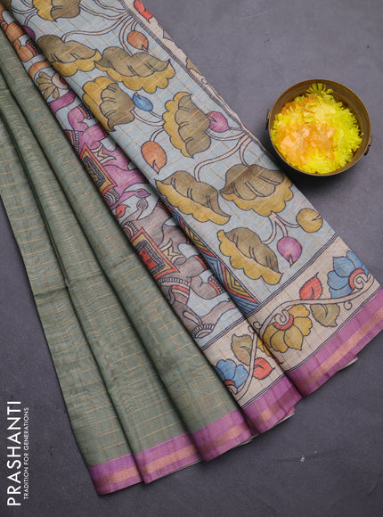 Semi chanderi saree pastel green and lavender with allover zari woven checked pattern and kalamkari printed pallu