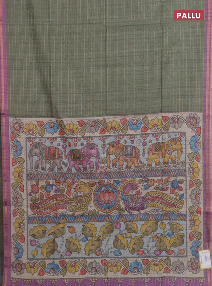 Semi chanderi saree pastel green and lavender with allover zari woven checked pattern and kalamkari printed pallu