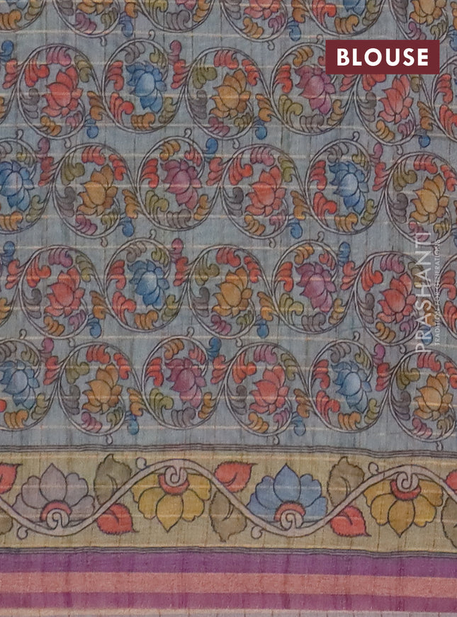 Semi chanderi saree pastel green and lavender with allover zari woven checked pattern and kalamkari printed pallu