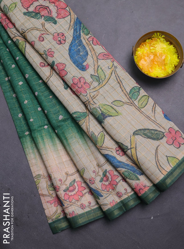 Semi chanderi saree green and beige with allover zari woven checked pattern & bandhani prints and printed pallu