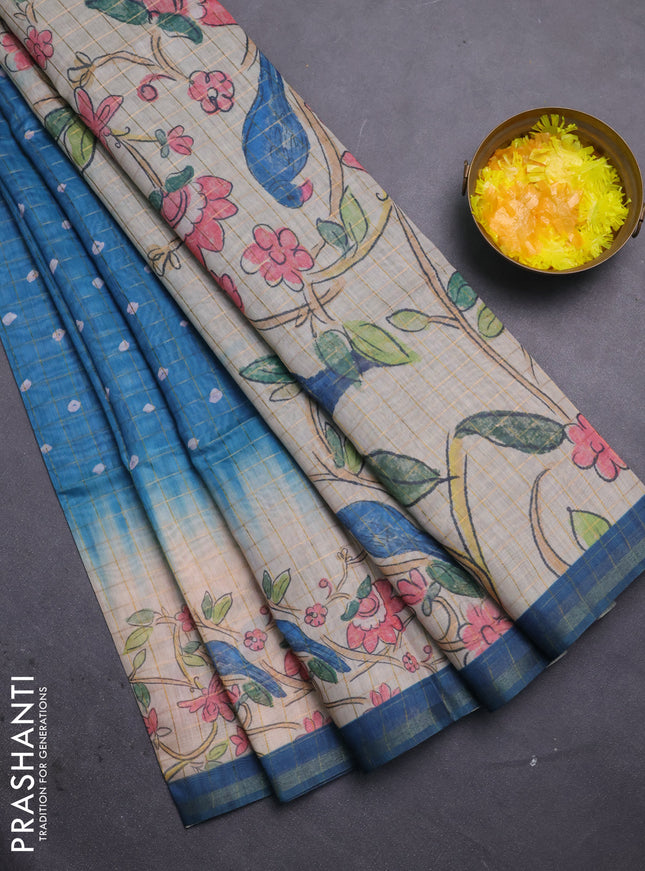 Semi chanderi saree peacock blue and beige with allover zari woven checked pattern & bandhani prints and printed pallu