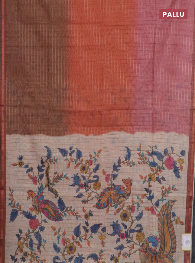 Semi chanderi saree rustic orange and beige with allover zari woven checked pattern and kalamkari printed pallu