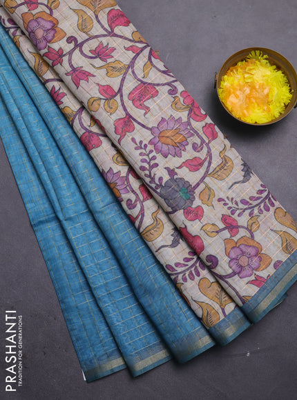 Semi chanderi saree teal blue and beige with allover zari woven checked pattern and kalamkari printed pallu