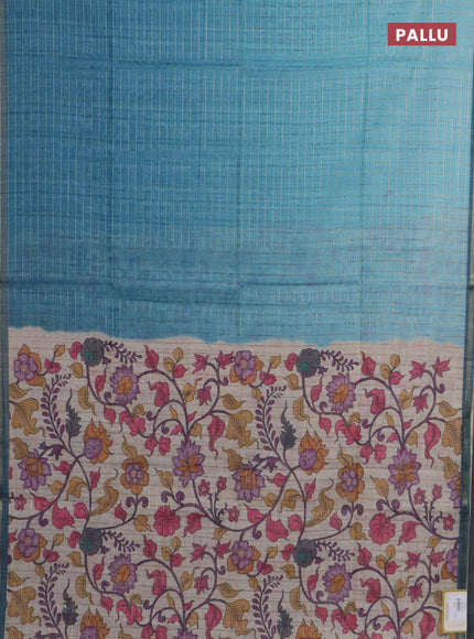 Semi chanderi saree teal blue and beige with allover zari woven checked pattern and kalamkari printed pallu