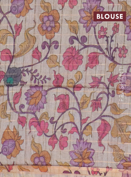Semi chanderi saree teal blue and beige with allover zari woven checked pattern and kalamkari printed pallu