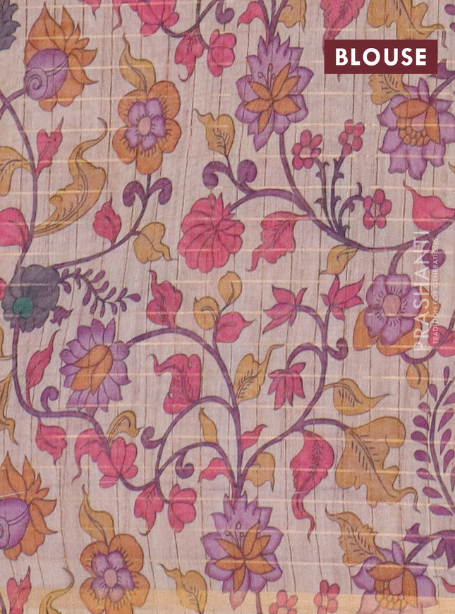 Semi chanderi saree lavender and beige with allover zari woven checked pattern and kalamkari printed pallu