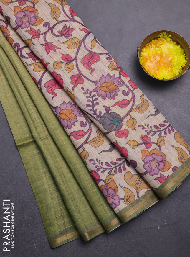 Semi chanderi saree pista green and beige with allover zari woven checked pattern and kalamkari printed pallu