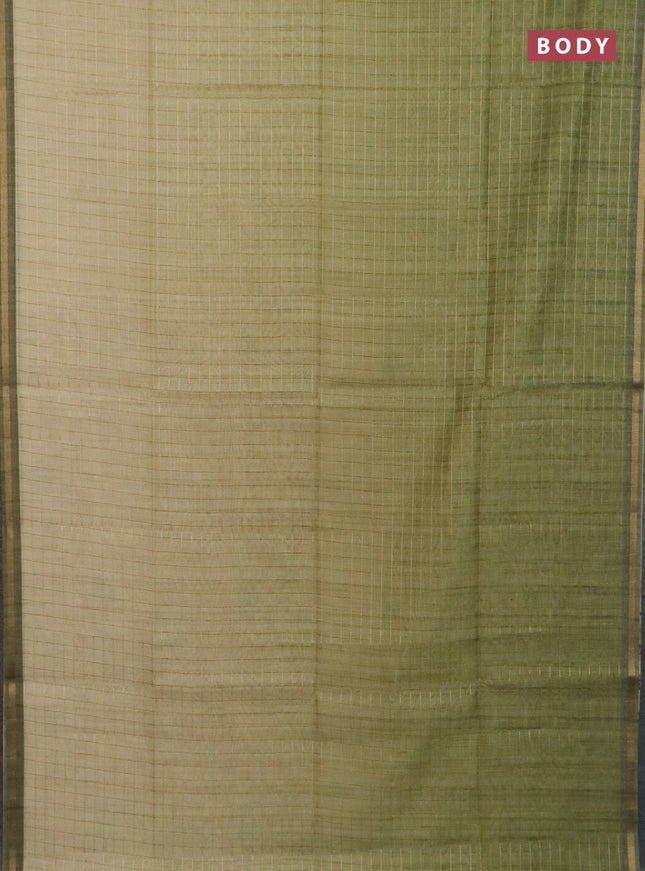 Semi chanderi saree pista green and beige with allover zari woven checked pattern and kalamkari printed pallu