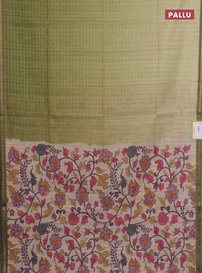 Semi chanderi saree pista green and beige with allover zari woven checked pattern and kalamkari printed pallu