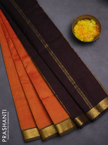 Silk cotton saree rustic orange and coffee brown with plain body and zari woven border