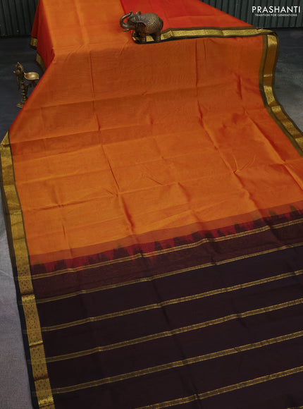 Silk cotton saree rustic orange and coffee brown with plain body and zari woven border