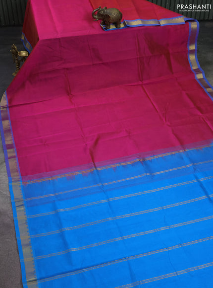 Silk cotton saree pink and cs blue with plain body and zari woven border