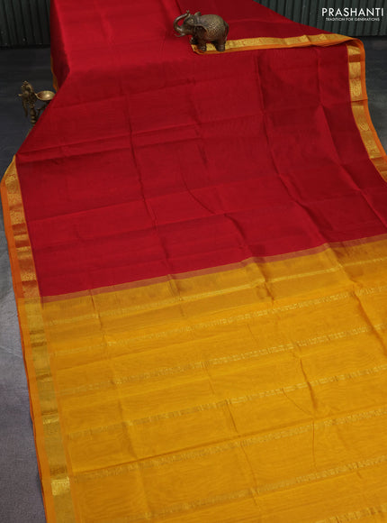 Silk cotton saree maroon and mustard yellow with plain body and zari woven border
