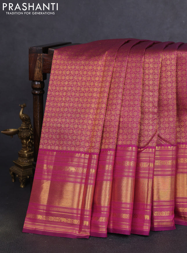 Pure kanchipuram silk saree dark magenta pink with allover zari woven brocade weaves and long zari woven border