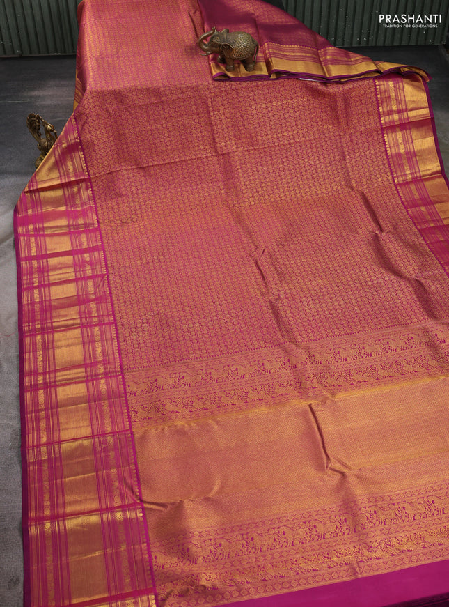 Pure kanchipuram silk saree dark magenta pink with allover zari woven brocade weaves and long zari woven border