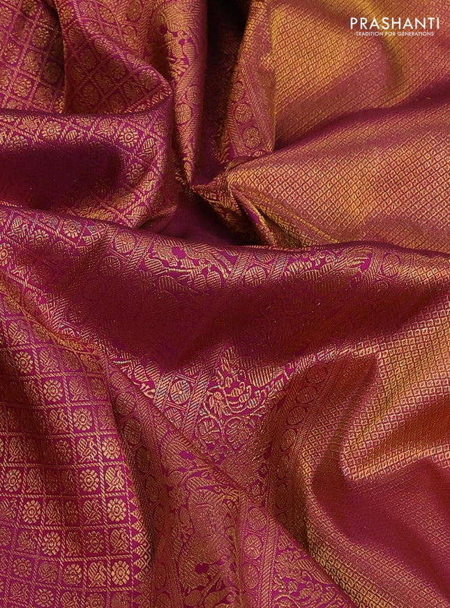 Pure kanchipuram silk saree dark magenta pink with allover zari woven brocade weaves and long zari woven border