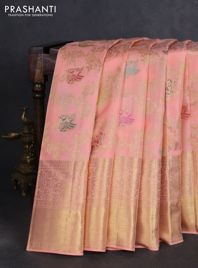Pure kanchipuram silk saree peach orange with allover zari woven leheriya weaves and long rich zari woven border