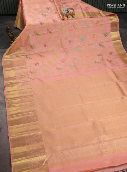 Pure kanchipuram silk saree peach orange with allover zari woven leheriya weaves and long rich zari woven border