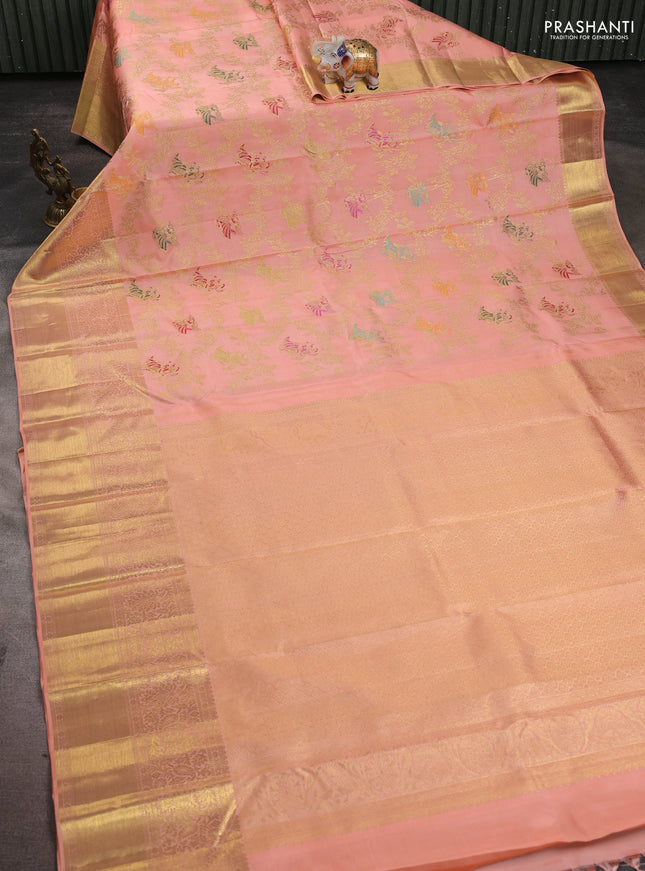 Pure kanchipuram silk saree peach orange with allover zari woven leheriya weaves and long rich zari woven border