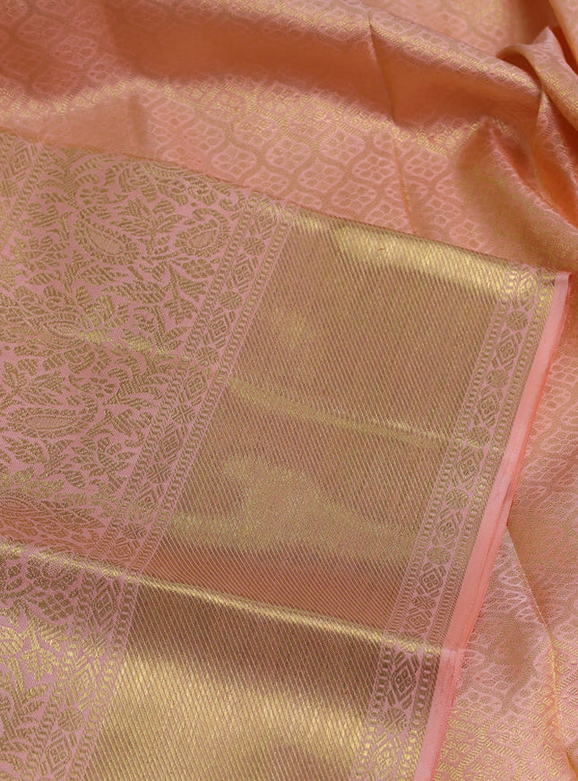Pure kanchipuram silk saree peach orange with allover zari woven leheriya weaves and long rich zari woven border