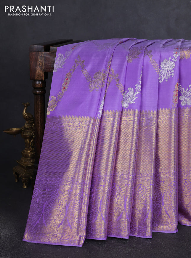 Pure kanchipuram silk saree lavender with allover silver & gold zari leheriya weaves and long zari woven border