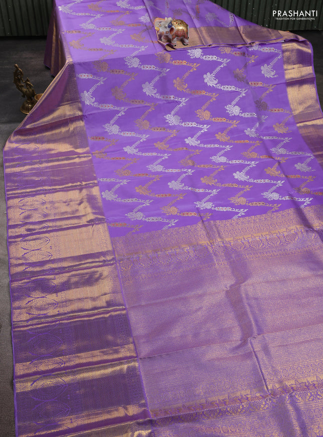 Pure kanchipuram silk saree lavender with allover silver & gold zari leheriya weaves and long zari woven border