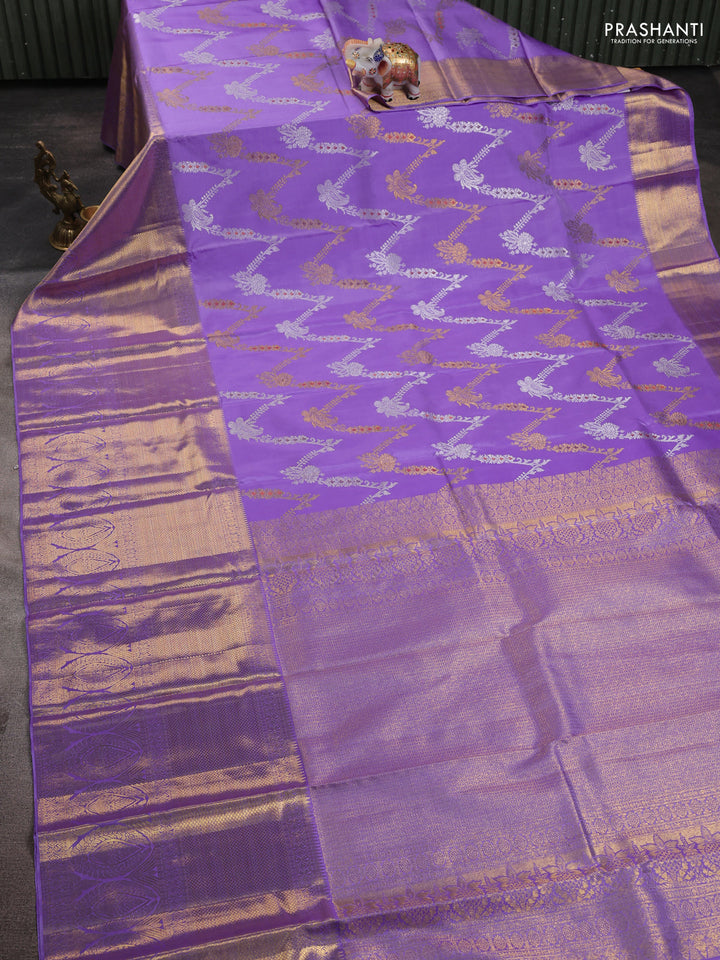 Pure kanchipuram silk saree lavender with allover silver & gold zari leheriya weaves and long zari woven border