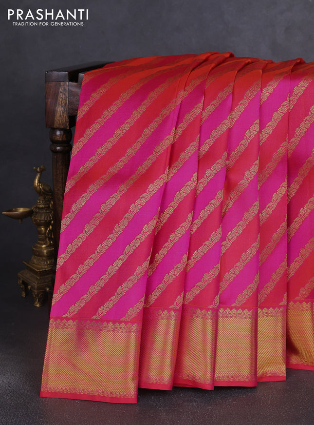 Pure kanchipuram silk saree pink and orange with allover leheriya zari weaves and rich zari woven border
