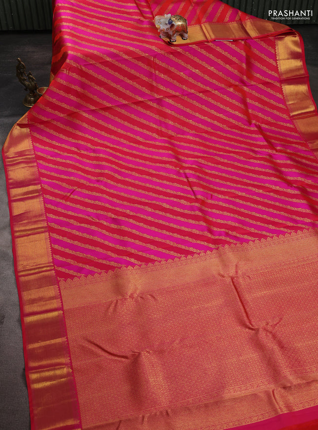 Pure kanchipuram silk saree pink and orange with allover leheriya zari weaves and rich zari woven border