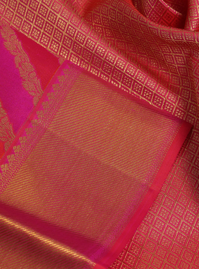 Pure kanchipuram silk saree pink and orange with allover leheriya zari weaves and rich zari woven border