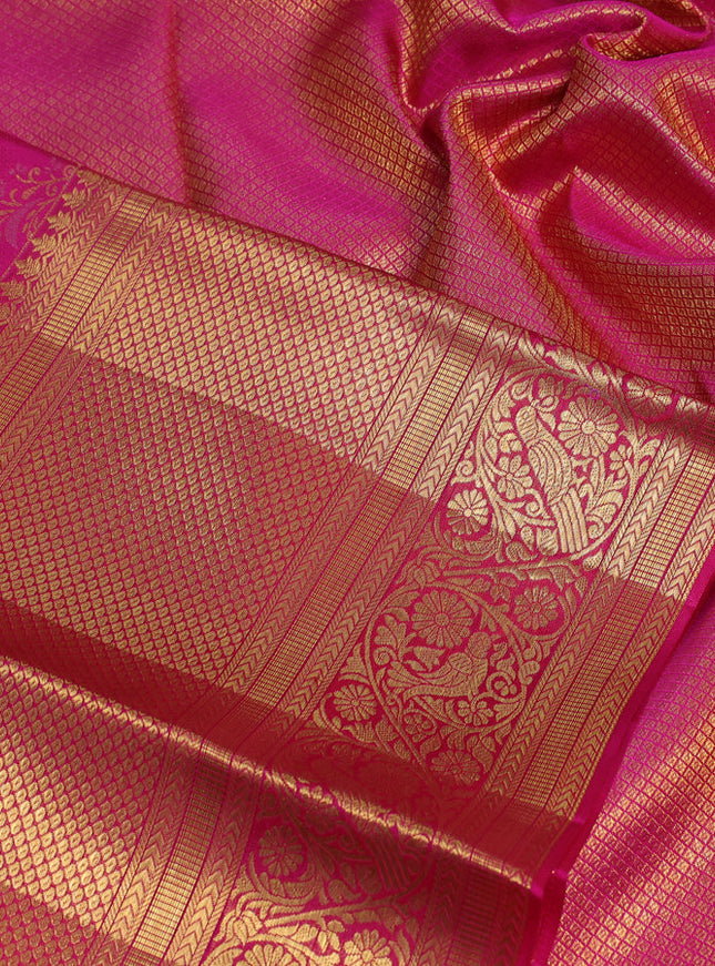 Pure kanchipuram silk saree rani pink with allover zari woven leheriya weaves and long rich zari woven border