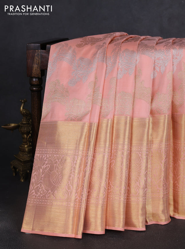 Pure kanchipuram silk saree pale orange with allover silver & gold zari leheriya weaves and long annam zari woven border