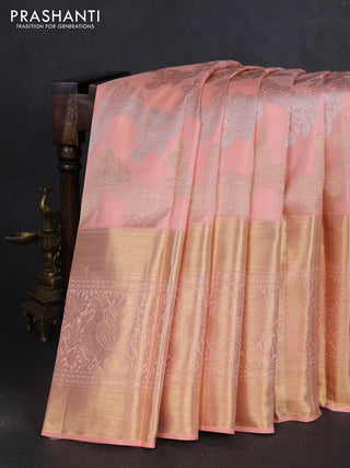 Pure kanchipuram silk saree pale orange with allover silver & gold zari leheriya weaves and long annam zari woven border