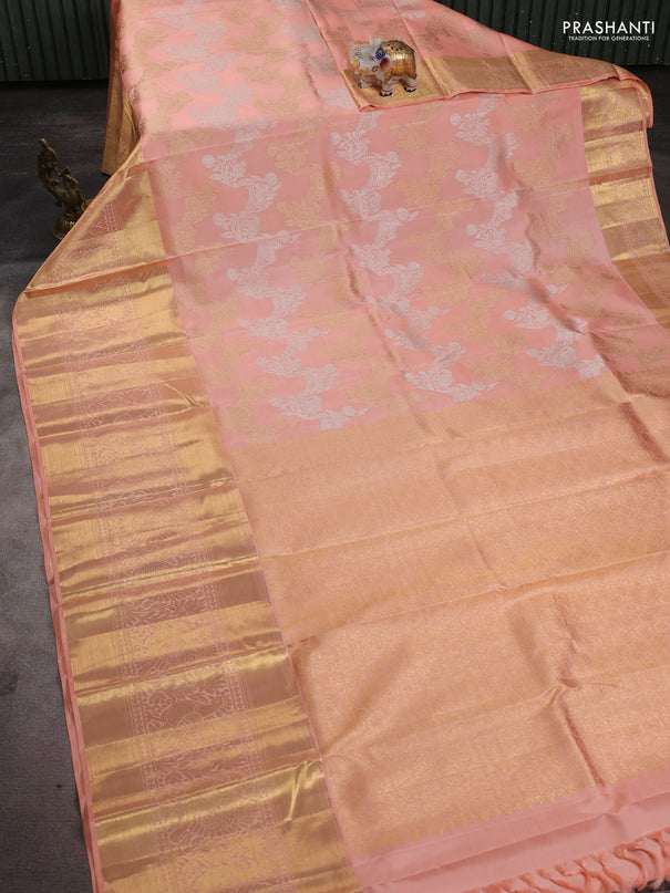 Pure kanchipuram silk saree pale orange with allover silver & gold zari leheriya weaves and long annam zari woven border