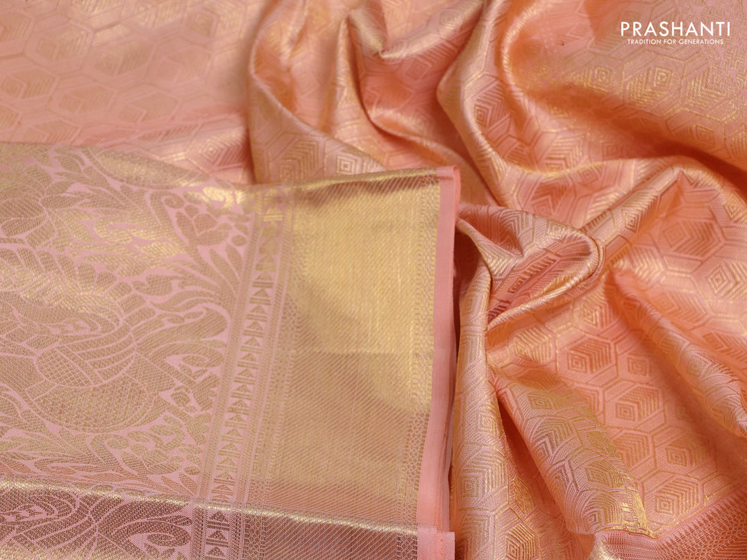 Pure kanchipuram silk saree pale orange with allover silver & gold zari leheriya weaves and long annam zari woven border