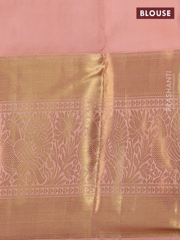 Pure kanchipuram silk saree pale orange with allover silver & gold zari leheriya weaves and long annam zari woven border