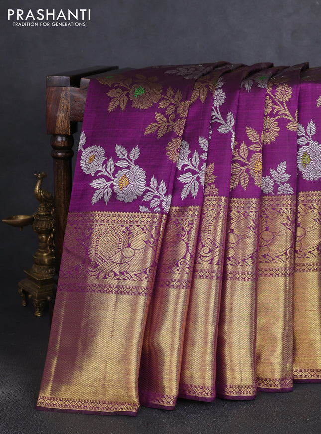 Pure kanchipuram silk saree purple with allover silver & gold zari leheriya weaves and long zari woven border