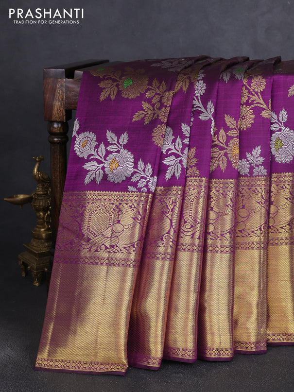 Pure kanchipuram silk saree purple with allover silver & gold zari leheriya weaves and long zari woven border