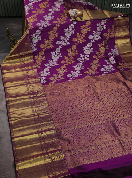 Pure kanchipuram silk saree purple with allover silver & gold zari leheriya weaves and long zari woven border