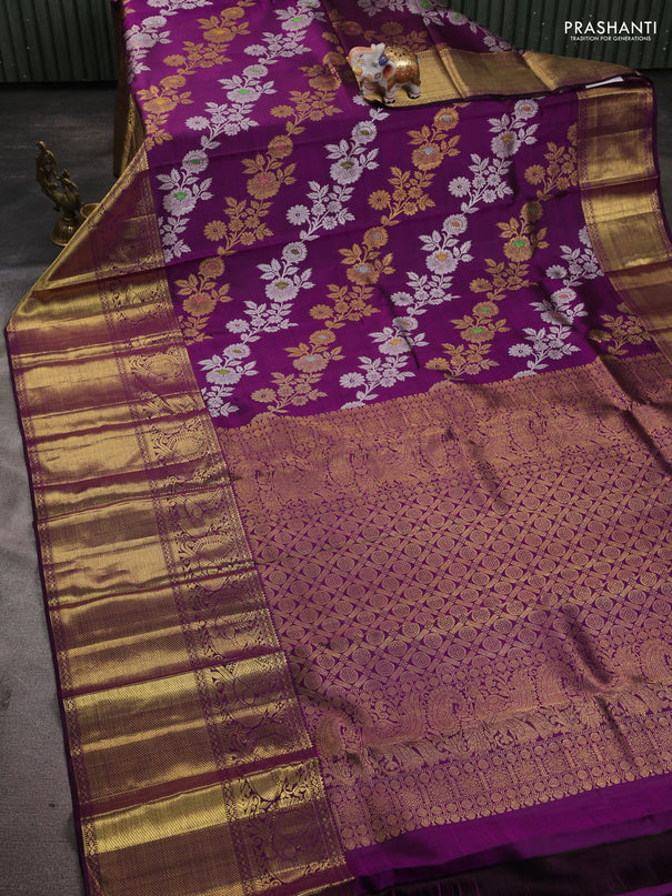 Pure kanchipuram silk saree purple with allover silver & gold zari leheriya weaves and long zari woven border