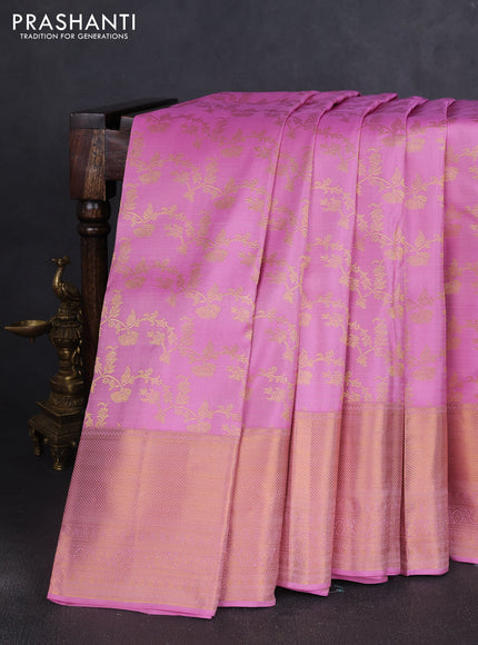 Pure kanchipuram silk saree light pink with allover zari woven leheriya weaves and long rich zari woven border
