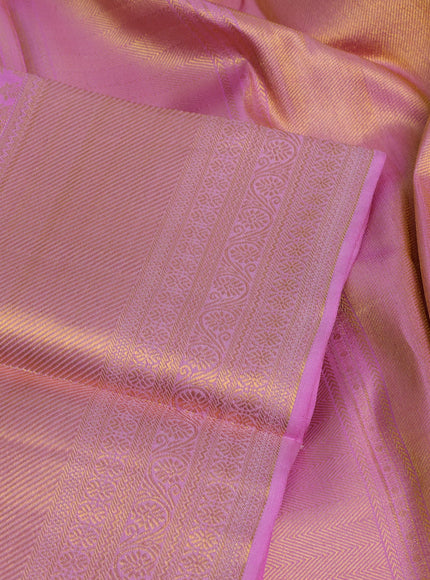 Pure kanchipuram silk saree light pink with allover zari woven leheriya weaves and long rich zari woven border