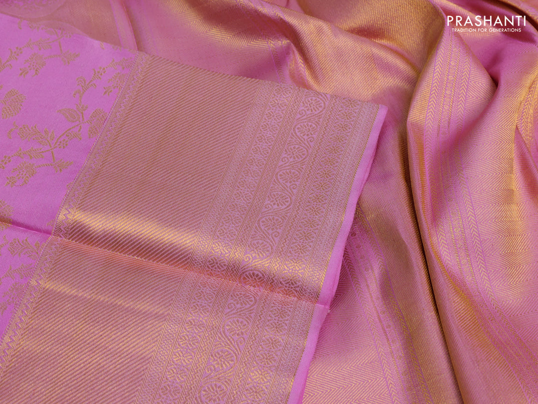Pure kanchipuram silk saree light pink with allover zari woven leheriya weaves and long rich zari woven border