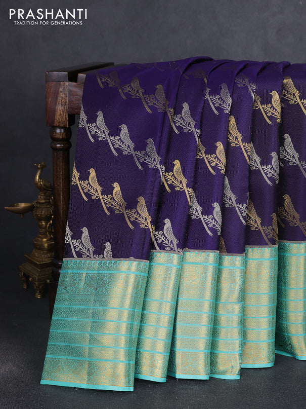 Pure kanchipuram silk saree dark blue and teal green shade with allover zari woven leheriya weaves and long rich zari woven border