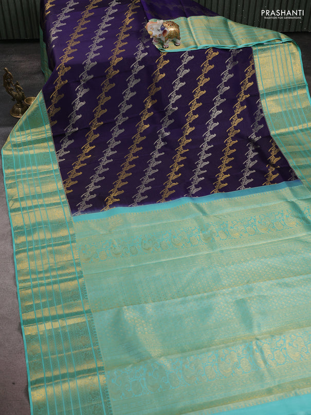 Pure kanchipuram silk saree dark blue and teal green shade with allover zari woven leheriya weaves and long rich zari woven border