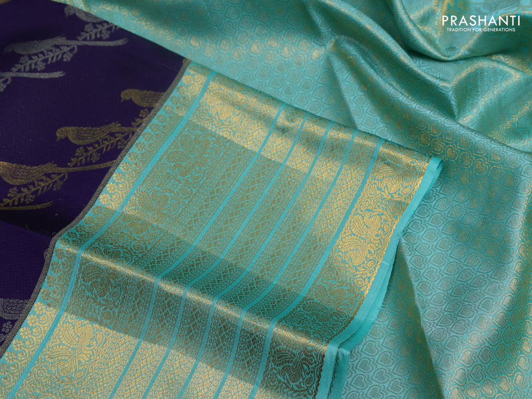Pure kanchipuram silk saree dark blue and teal green shade with allover zari woven leheriya weaves and long rich zari woven border